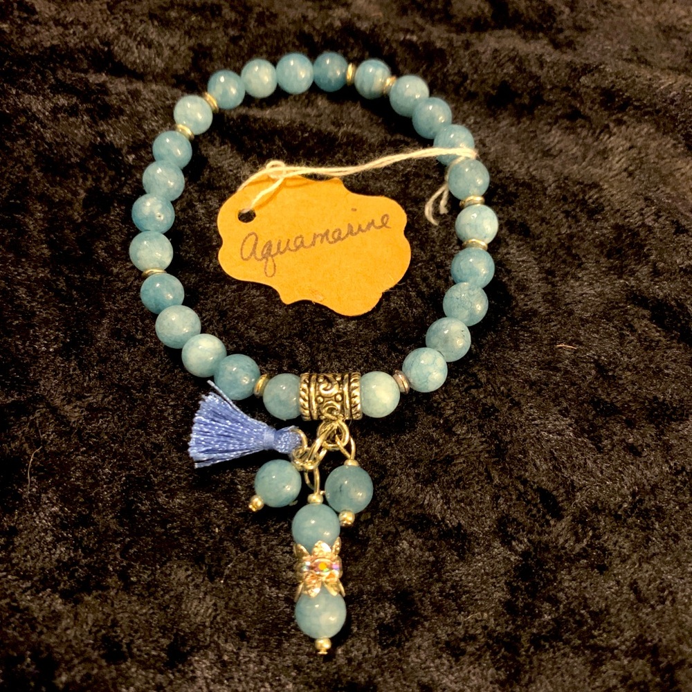 Aquamarine Gemstone Bead Bracelet with dangling charms